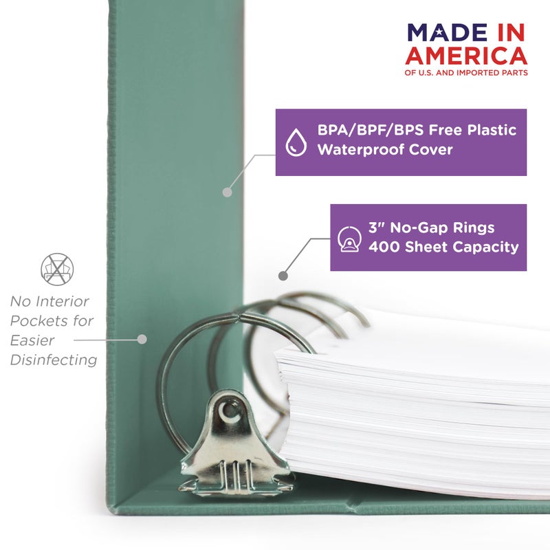 Carstens 3-Inch Heavy Duty 3-Ring Binder - Side Opening, Mint, Durable Plastic, Precision No-Gap Rings, Waterproof Cover, No Pockets, Holds 400 US Letter Sheets, BPA-Free, Made in USA (1748-3R) - Image 2